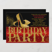 Rood Zwart Goud Glitter High Heel Verjaardagsfeest Kaart (Voorkant / Achterkant)