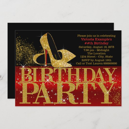 Rood Zwart Goud Glitter High Heel Verjaardagsfeest Kaart (Voorkant / Achterkant)