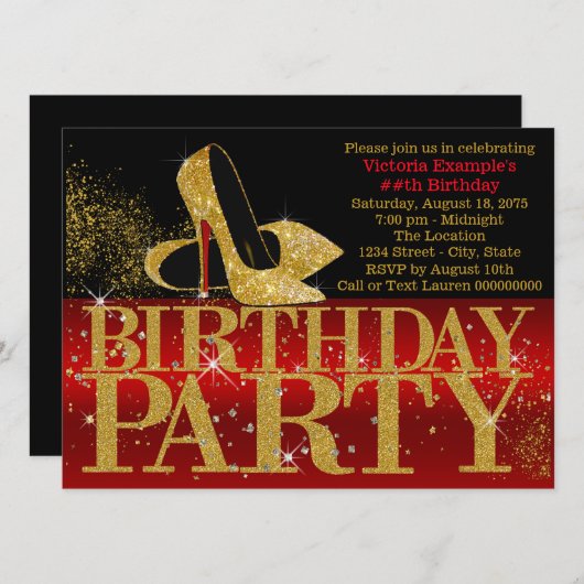 Rood Zwart Goud Glitter High Heel Verjaardagsfeest Kaart (Voorkant / Achterkant)