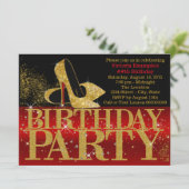 Rood Zwart Goud Glitter High Heel Verjaardagsfeest Kaart (Staand voorkant)