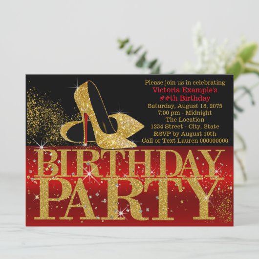 Rood Zwart Goud Glitter High Heel Verjaardagsfeest Kaart (Staand voorkant)