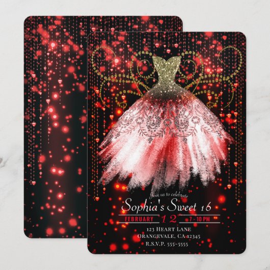 Rood Zwart Goud Glitter Jurk Sweet 16 Party Kaart (Voorkant / Achterkant)