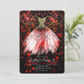 Rood Zwart Goud Glitter Jurk Sweet 16 Party Kaart (Staand voorkant)