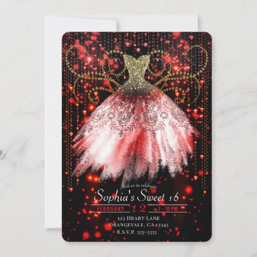 Rood Zwart Goud Glitter Jurk Sweet 16 Party Kaart (Voorkant)