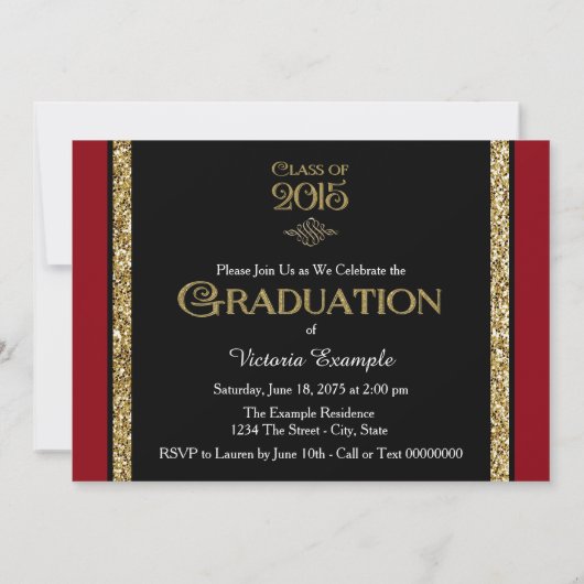 Rood Zwart Goud Glitter Klasse van 2015 Afstuderen Kaart (Achterkant)