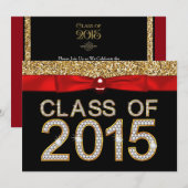 Rood Zwart Goud Glitter Klasse van 2015 Afstuderen Kaart (Voorkant / Achterkant)
