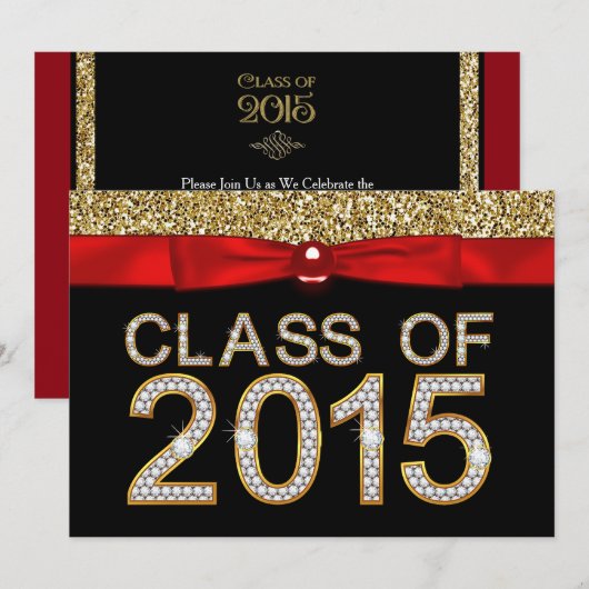 Rood Zwart Goud Glitter Klasse van 2015 Afstuderen Kaart (Voorkant / Achterkant)