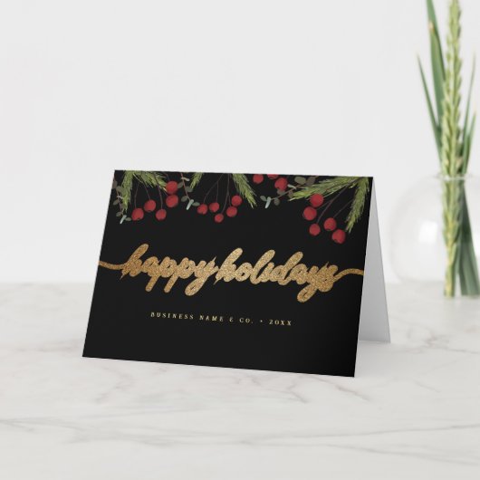 Rood Zwart & Goud Happy Holiday Script gebladerte Feestdagen Kaart (Voorkant)