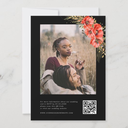 Rood Zwart Goud Klaproos Bloemen QR Code Foto Brui Kaart (Achterkant)