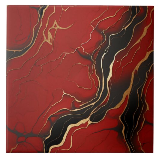 Rood zwart goud Marbled Swirl Lines Tegeltje (Voorkant)