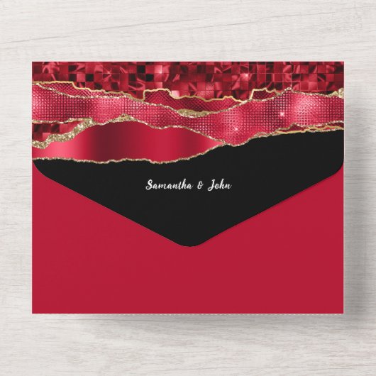 Rood zwart goud marmeren agaat elegant verloving all in one uitnodiging (Achterkant)