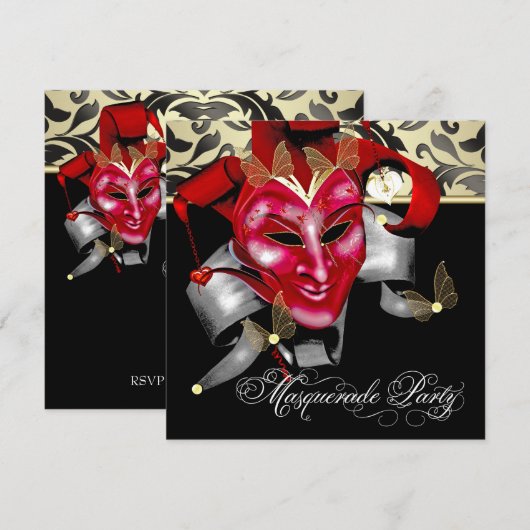Rood Zwart Goud Masquerade Party Uitnodigingen (Voorkant / Achterkant)