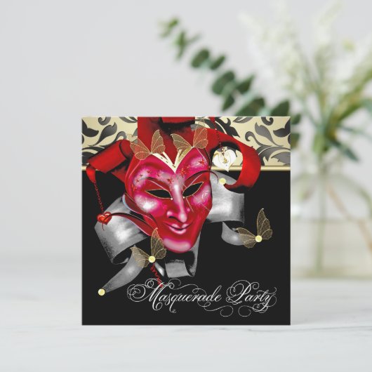 Rood Zwart Goud Masquerade Party Uitnodigingen (Staand voorkant)