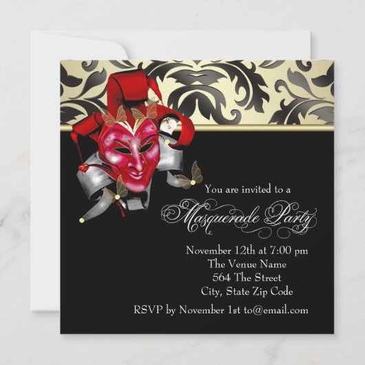 Rood Zwart Goud Masquerade Party Uitnodigingen (Achterkant)