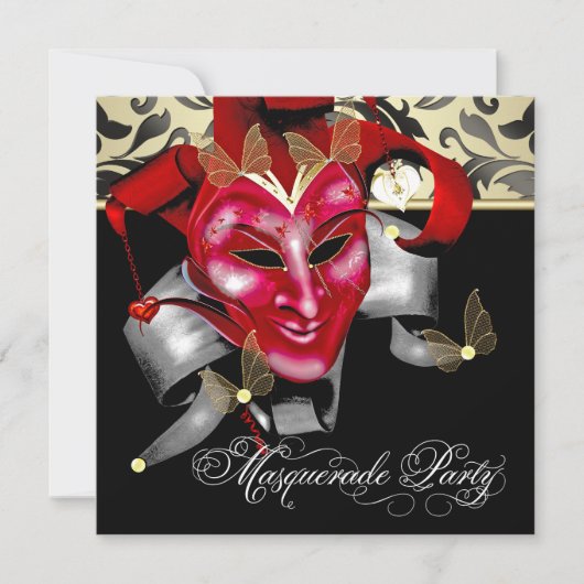 Rood Zwart Goud Masquerade Party Uitnodigingen (Voorkant)