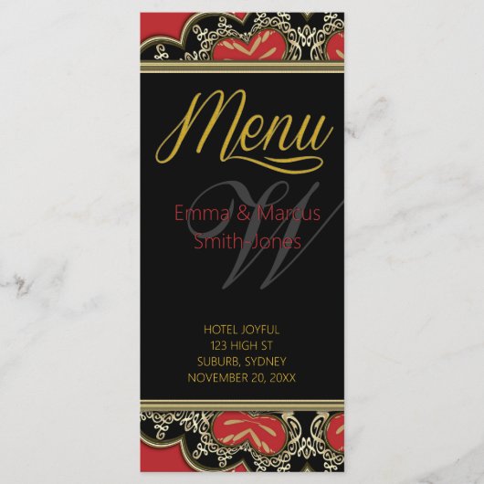Rood Zwart & Goud Modern Vintage Wedding Menu (Voorkant)