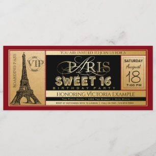 Rood Zwart Goud Paris Sweet 16 Ticket Uitnodiging