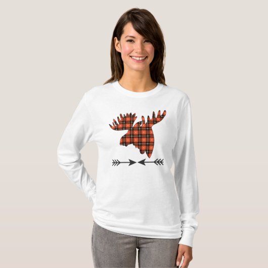 Rood Zwart Goud Plaid Moose Head T-shirt (Voorkant volledig)