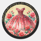 Rood zwart goud quinceañera jurk dank u geschenken ronde sticker (Voorkant)