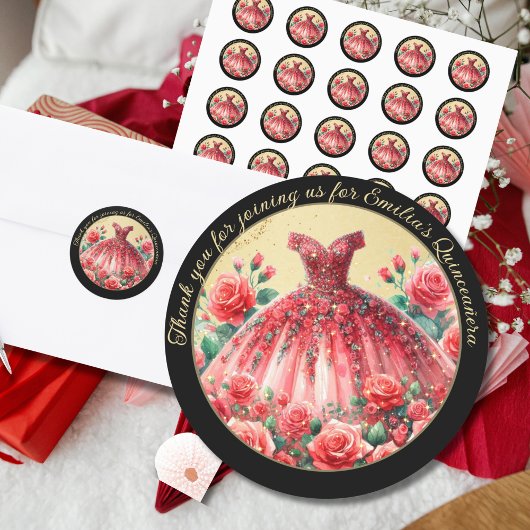 Rood zwart goud quinceañera jurk dank u geschenken ronde sticker