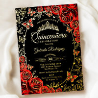Rood Zwart Goud Vlinders Rozen Quinceanera
