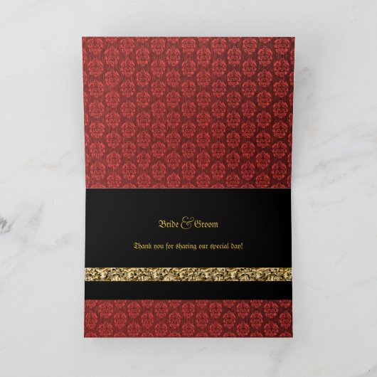 Rood zwart gouden damasten bruiloft bedankkaart (Binnen)