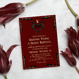 Rood Zwart Gouden Draak Monogram Fantasie Bruiloft Folie Uitnodiging
