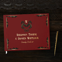 Rood Zwart Gouden Draak Monogram Fantasie Trouwfee Gastenboek