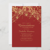 Rood Zwart Gouden Glitter Sliert Lichtjes Quinceañ Kaart (Voorkant)