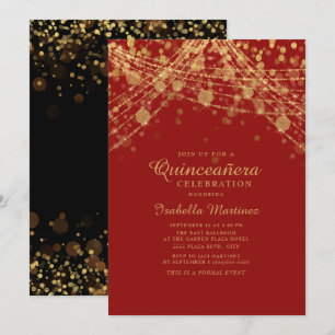 Rood Zwart Gouden Glitter Sliert Lichtjes Quinceañ Kaart