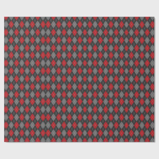 Rood Zwart & Grijs Argyle Kerst Geruit Cadeaupapier (Vlak)