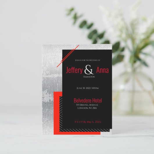 Rood, zwart, grijs en witte instripe uitnodiging (Staand voorkant)