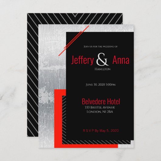 Rood, zwart, grijs en witte instripe uitnodiging (Voorkant / Achterkant)