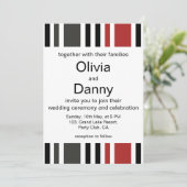 Rood Zwart Grijs Verticaal Strepen Strand Bruiloft Kaart (Staand voorkant)