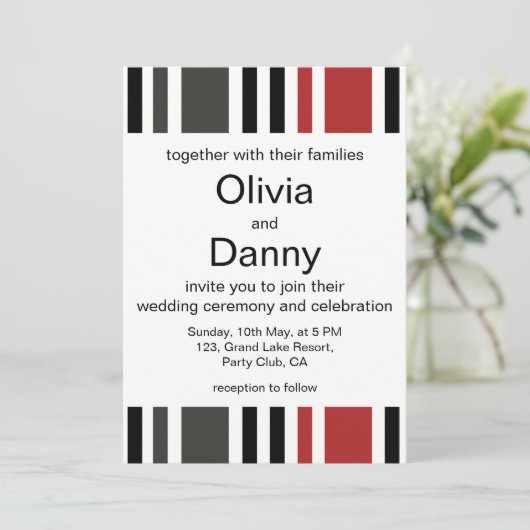 Rood Zwart Grijs Verticaal Strepen Strand Bruiloft Kaart (Staand voorkant)