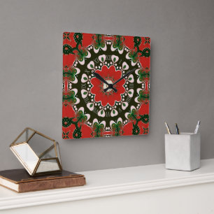 Rood Zwart Groen & Wit Groovy Mandala Vierkante Klok
