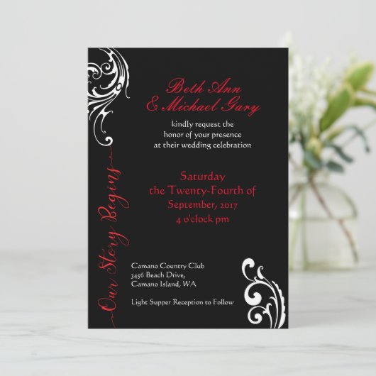 Rood & Zwart Huwelijksuitnodiging Sjabloon Kaart (Staand voorkant)