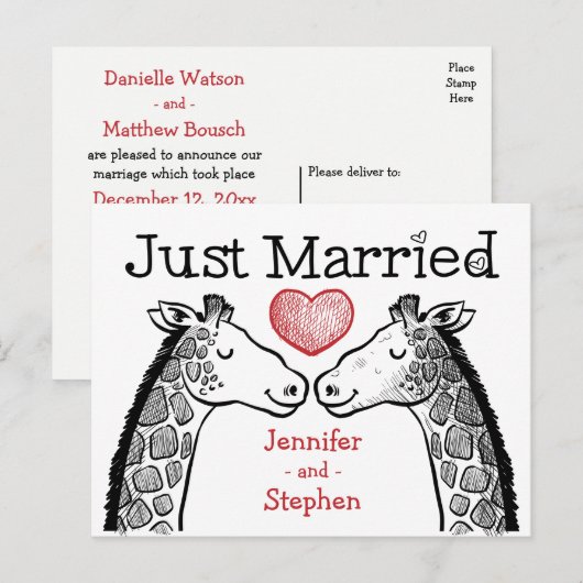Rood & Zwart Just Married Giraffe Love Wedding Aankondigingskaart (Voorkant / Achterkant)