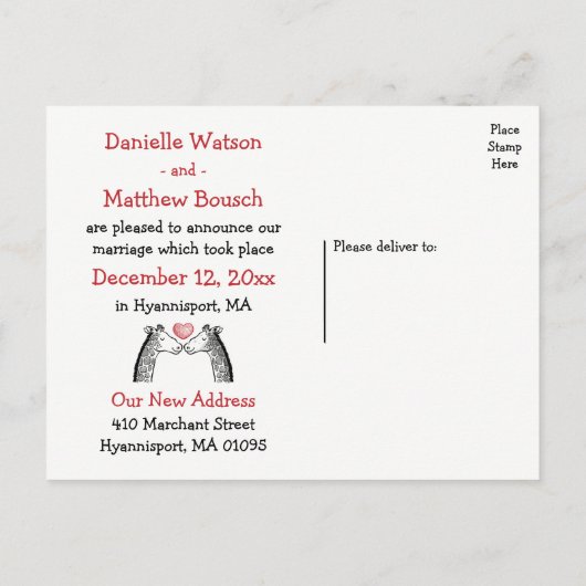 Rood & Zwart Just Married Giraffe Love Wedding Aankondigingskaart (Achterkant)