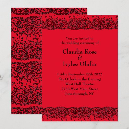 Rood Zwart Kant Gotische bruiloft uitnodiging (Voorkant / Achterkant)