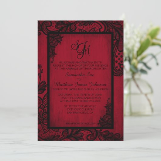 Rood Zwart Kant Gotische Bruiloft Uitnodiging Kaar (Staand voorkant)