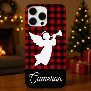 Rood & zwart kariert met engel en eigen naam iPhone 16 pro max hoesje