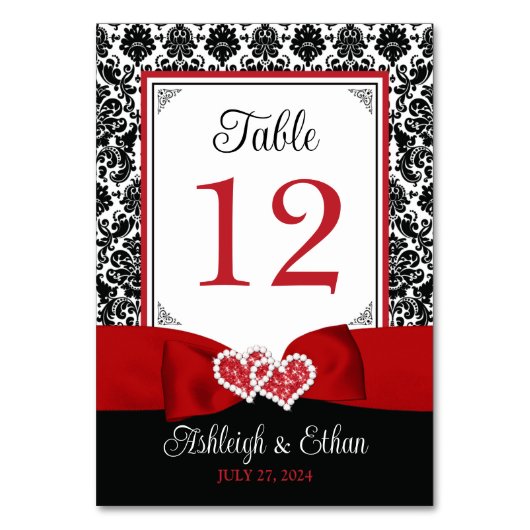 Rood, zwart liefde harten bruiloft tafel nummer kaart (Voorkant)