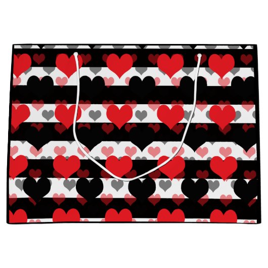 Rood Zwart Liefde Harten Met Zwart Wit Strepen Groot Cadeauzakje (Voorkant)