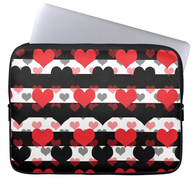 Rood Zwart Liefde Harten Met Zwart Wit Strepen Laptop Sleeve (Voorkant)