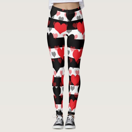 Rood Zwart Liefde Harten Met Zwart Wit Strepen Leggings (Voorkant)
