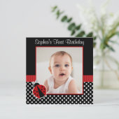 Rood zwart lieveheersbeestje polka dot 1e verjaard kaart (Staand voorkant)