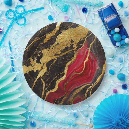 Rood Zwart Marmer Patroon met Goud Papieren Bordje (Feest)