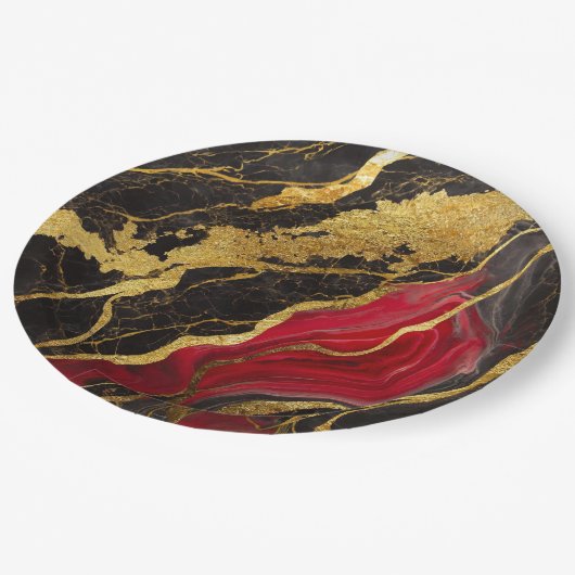 Rood zwart marmerpatroon met goud papieren bordje (Gekanteld)