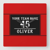 Rood zwart met teamnaam nummer vierkante klok (Voorkant)